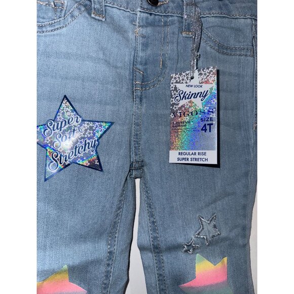 Vigoss Girls Skinny Jeans 4T Super Soft Stretch Denim With Star Patches & Rainbo - Picture 2 of 6